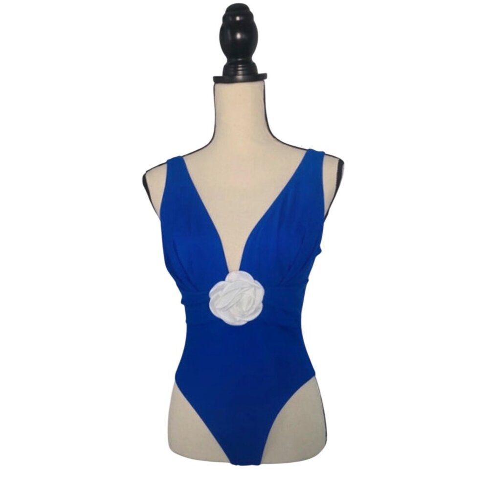 Blue Swimsuit With White Floral Accent Deep V-Neckline Fully Lined Womens Small